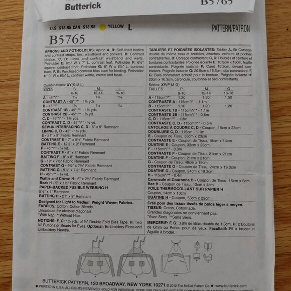 Apron Sewing Pattern Full Bib Size Small Medium Large Butterick 5765 UNCUT - Picture 6 of 12